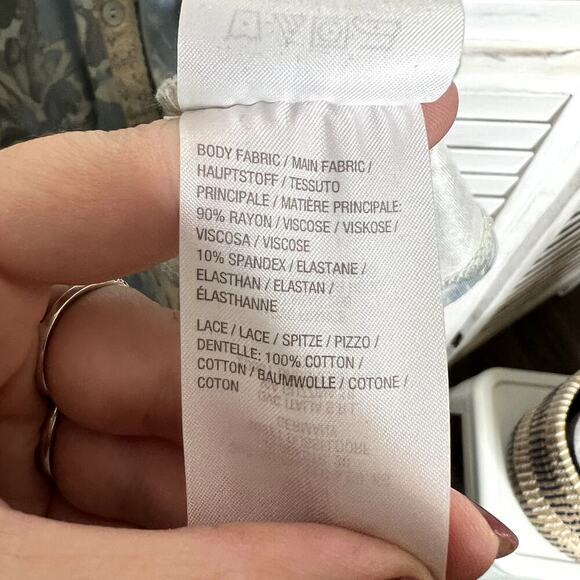 LOGO LORI GOLDSTEIN Women's Sm Rayon Button Cardigan Top Lace Ruffle Blue Cream - Picture 9 of 12